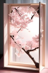 Kirigami artwork simulates a window looking out onto a picturesque scene of cherry blossoms in full bloom. The window frame and sill are folded from a pale wooden-toned paper, 