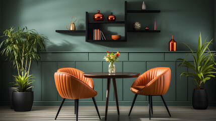 Orange leather chairs at round dining table against green wall. Scandinavian, mid-century home interior design of modern living room - obrazy, fototapety, plakaty