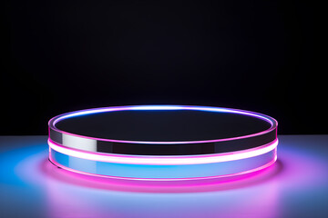 3d render of black blue and pink neon round podium on dark background, product display podium for beauty, tech, advertising products