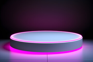 Pink neon podium on dark background. 3d pink and grey neon light cylinder podium Display for beauty products
