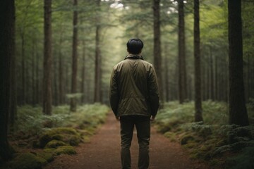 Rear view of a man explore the green forest.