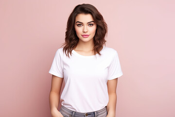 Fototapeta premium Young woman wearing white shirt mockup