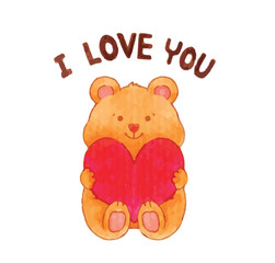 bear holding heart cartoon watercolor vector illustration