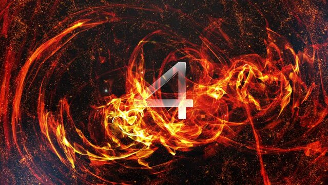 Five Seconds Countdown Timer with abstract fire burst energy  background. five to zero count down science effect counting timer with hyperspace wormhole tunnel.Futuristic countdown