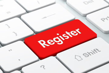 Fototapeta premium Concept of computer keyboard key with the word register on it ready to press enter