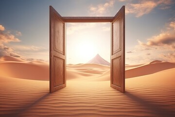 3d illustration Opened door on the desert. Unknown and start-up concept