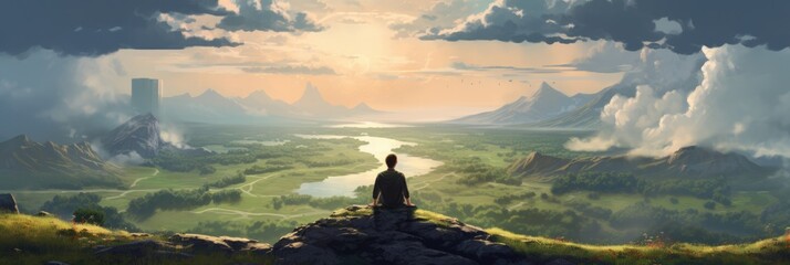 A Man Meditating Against A Picturesque Countryside With Rolling Hills
