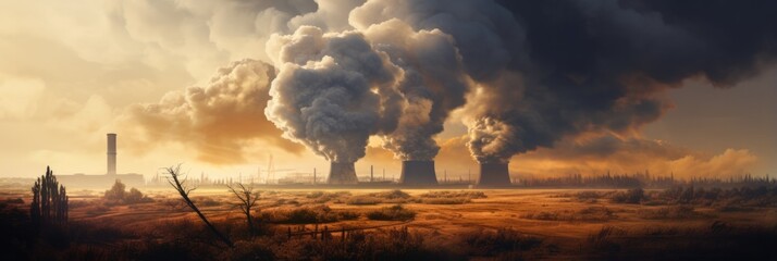 A Nuclear Power With A Lot Of Smoke Coming Out Of It Pollution, Efficiency, Working Conditions, Resource Use, Safety, Emissions - obrazy, fototapety, plakaty