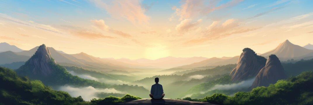 A Man Meditating Against A Picturesque Countryside With Rolling Hills