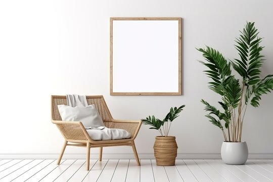 Wicker chair and floor vases near the white wall with the blank mockup poster frame. Boho interior design
