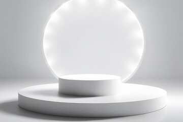 White background for product presentation, there is a circular pedestal with beautiful lights and shadows.