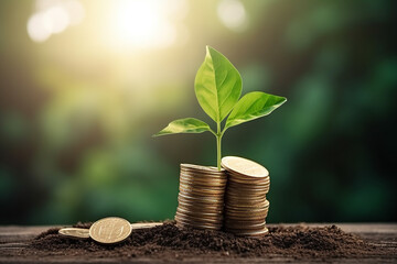 Coin with plant invest money concept, Green environment concept, sunrise, grow your money step by step - obrazy, fototapety, plakaty