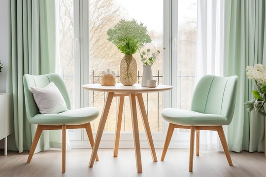 Mint color chairs at a round wooden dining table against the window dressed with light green and white curtains. Scandinavian interior design