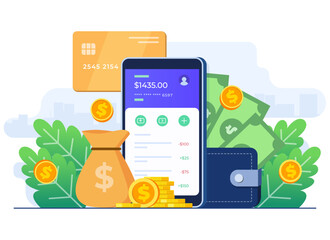Online banking concept flat illustration vector template, Secure mobile banking app, Internet money transfer, E-banking, E-wallet, Sending and receiving money, Digital payment, Credit or debit card