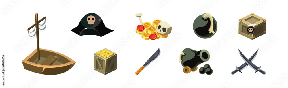 Poster pirate adventure game icon and element vector set