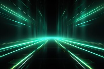 Dark green abstract neon lights background, technology business grainy gradient dynamic perspective background