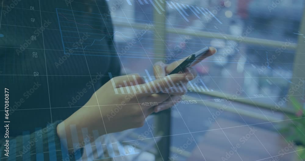 Aufkleber animation of statistical data processing against mid section of a woman using smartphone at office