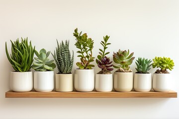 Various artificial succulents with exotic plants stand in white ceramic pots on a wooden shelf against a white wall
