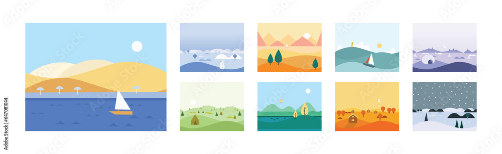 Sticker Flat Landscapes View and Picture as Game Background Vector Set