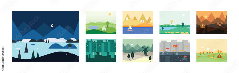 Wall mural flat landscapes view and picture as game background vector set