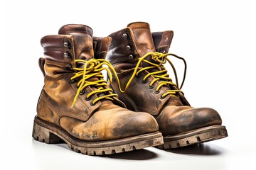 An old and used pair of working boots isolated on white background - Powered by Adobe