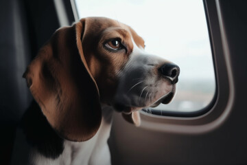 ESA dog on a plane.  Cute Beagle puppy near window in airplane. travel with animals, pet transportation, a dog tourist
