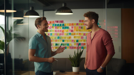 creative Caucasian young woman with friend in casual wear present to team discussing with colorful note paper on board.generative ai