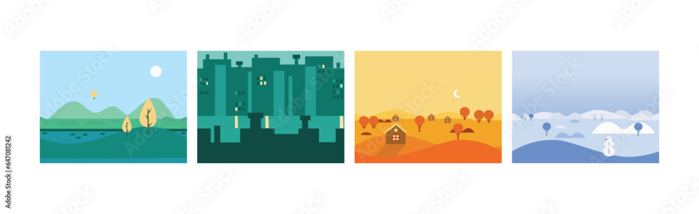 Poster flat landscapes view and picture as game background vector set