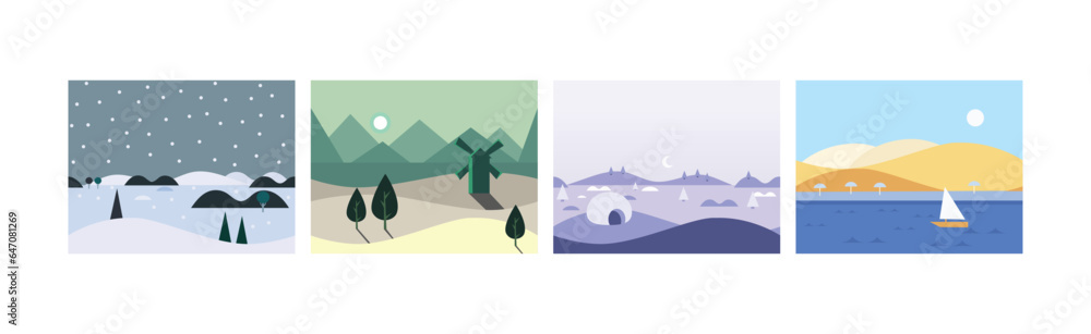 Poster flat landscapes view and picture as game background vector set