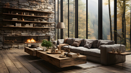 Rustic interior design of modern living room with grey sofas.