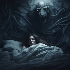A Woman Laying in Bed Having a Nightmare While a Monster Emerges From Her Wall - obrazy, fototapety, plakaty