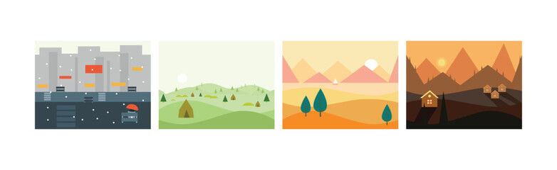 Flat Landscapes View and Picture as Game Background Vector Set © topvectors