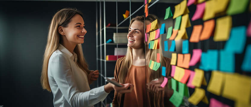 creative Caucasian young woman with friend in casual wear present to team discussing with colorful note paper on board.generative ai