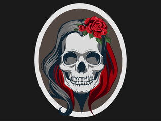 Illustration Woman's Skull With Rose FlowersFor T-Shirt Logo Cartoon Style Design Isolated Vector Illustration