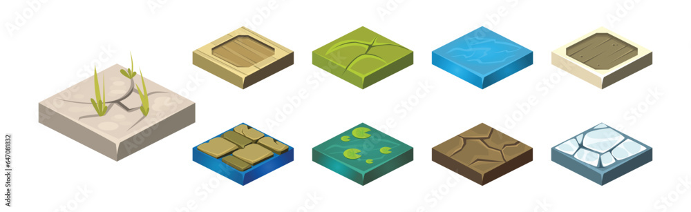 Poster ground textures game surface and platform square isometric vector template set