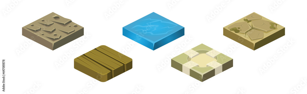 Poster ground textures game surface and platform square isometric vector template set