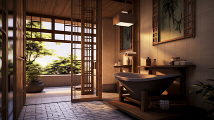Fototapeta premium Bathroom in bright colors Showing freshness coupled with a beautiful environment.generative ai