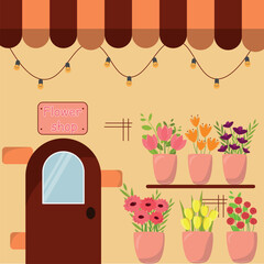 Flower shop with door and window, vector illustration