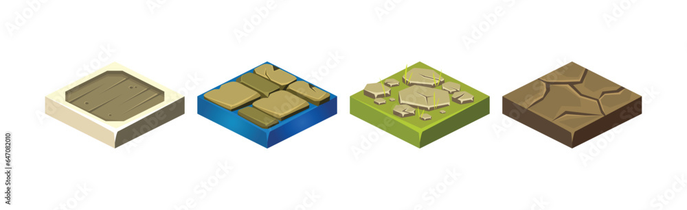 Poster ground textures game surface and platform square isometric vector template set