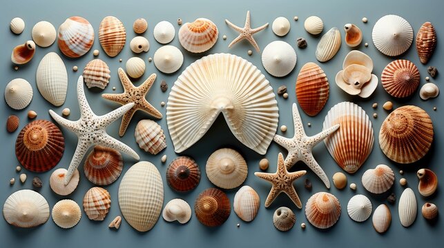 mall seashells, fossil coral and sand dollars, puka shells, a sea urchin and a white starfish sea star