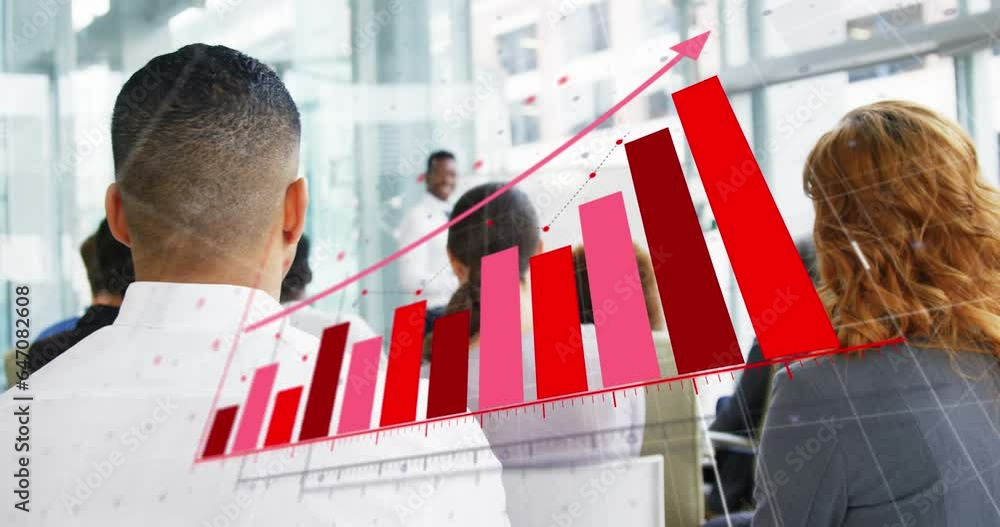 Poster animation of statistical data processing over african american man giving a presentation at office