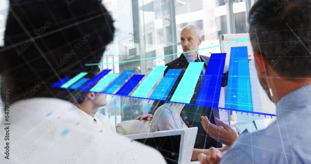 Poster animation of statistical data processing over caucasian businessman giving a presentation at office