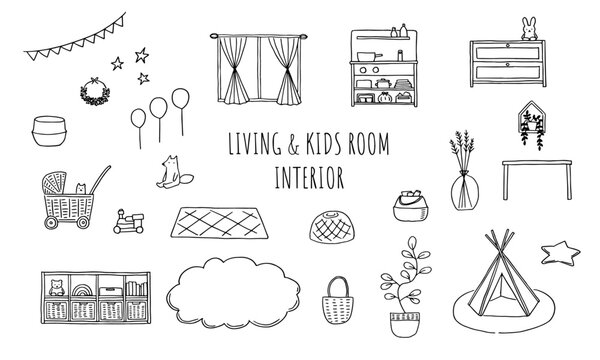hand drawn living and kidsroom interior.