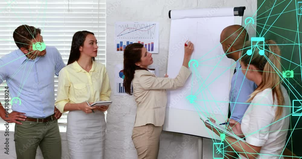 Poster Animation of globes of digital icons spinning over caucasian woman giving a presentation at office