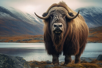 Musk ox on a pasture in the wild - obrazy, fototapety, plakaty