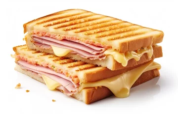 Foto op Plexiglas Cut cheese and ham toasted panini melt with grill marks. Isolated on white background © twilight mist