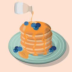 a stack of pancakes with blueberries and syrup being poured on top Pro Vector