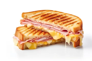  Cut cheese and ham toasted panini melt with grill marks. Isolated on white background © twilight mist