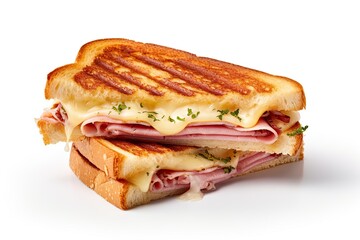 Cut cheese and ham toasted panini melt with grill marks. Isolated on white background