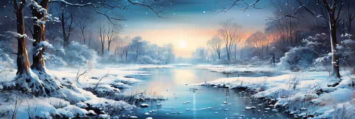 Watercolor, Night winter nature background - obrazy, fototapety, plakaty